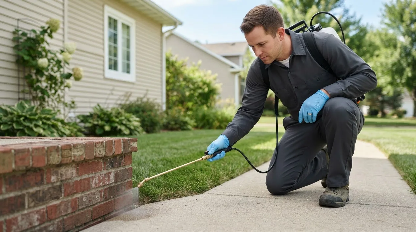 Pest control technician treating a home near Weston, MA