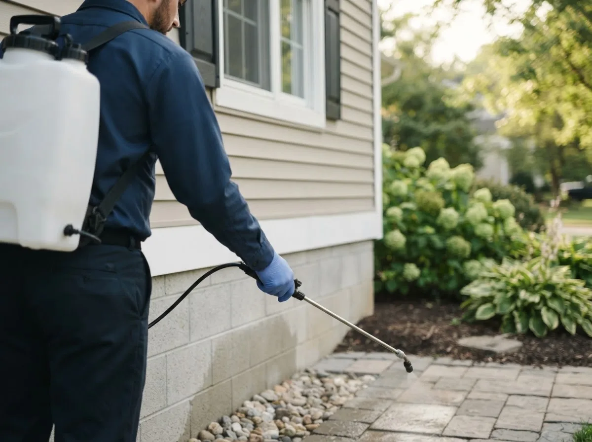 Pest control technician inspecting a home in Weston, MA